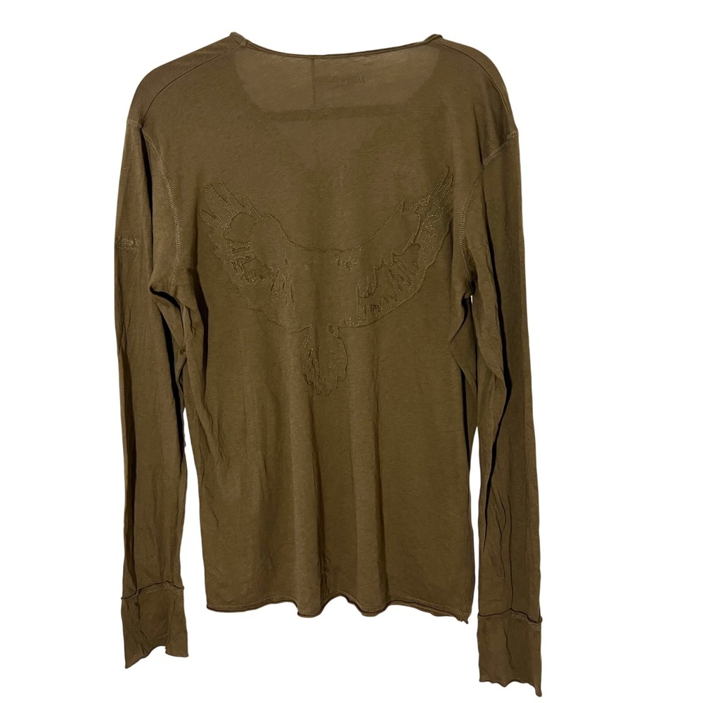 Zadig & Voltaire Henley Tee M Olive Green Long Sleeve Eagle Embroidered Grunge